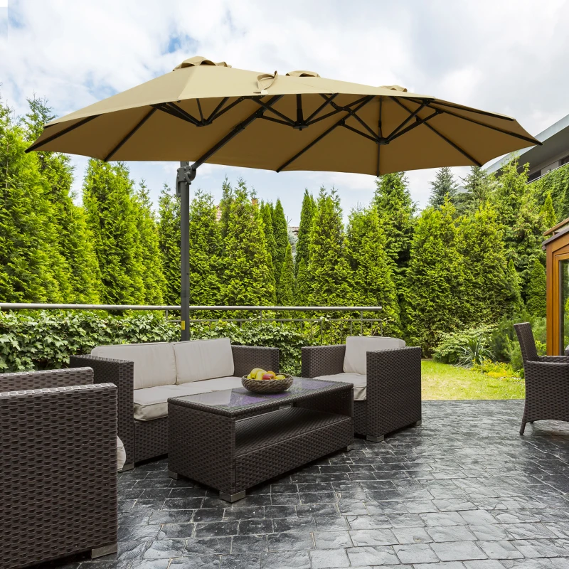 Outsunny 4.5 m Patio Parasol, Large Double-Sided Rectangular Garden Umbrella with Crank Handle, 360° Cross Base for Bench, Outdoor, Khaki