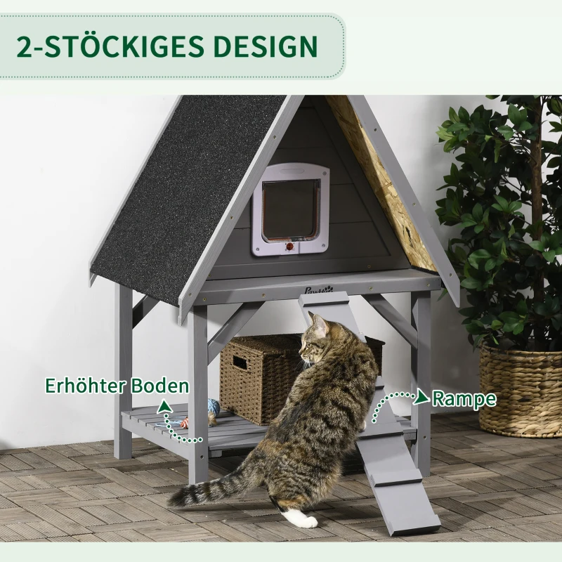 PawHut Katzenhaus mit 2 Ebenen, Katzenhöhle, 1 Rampe, wetterbeständig, Dunkelgrau + Schwarz
