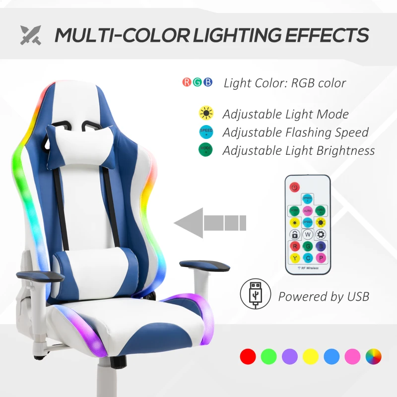 Vinsetto RGB LED Light Gaming Chair, PU Leather Thick Padding High Back Office Chair with Removable Pillows Adjustable Height 5 Wheels 360° Swivel, White Blue