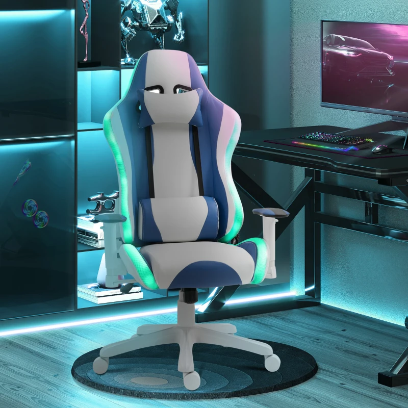 Vinsetto RGB LED Light Gaming Chair, PU Leather Thick Padding High Back Office Chair with Removable Pillows Adjustable Height 5 Wheels 360° Swivel, White Blue