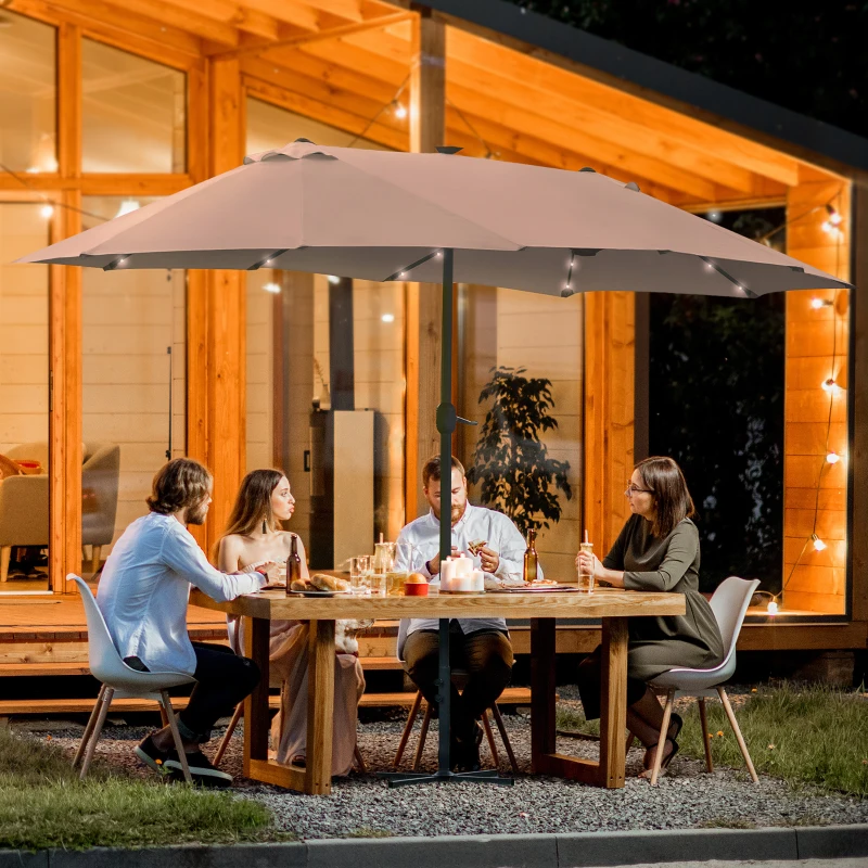 Outsunny Garden Parasol 4.4m Double-Sided Sun Umbrella Patio Parasol LED Solar Lights Khaki