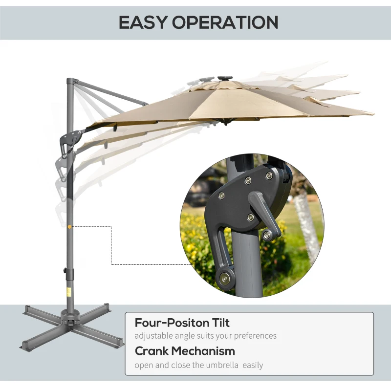 Outsunny 3m LED Square Outdoor Umbrella Adjustable Garden Umbrella w/ Base Solar Lights Khaki