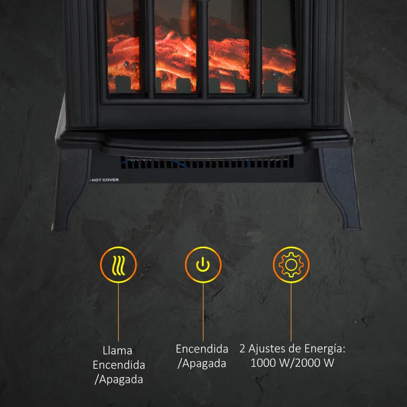 HOMCOM Chimenea Eléctrica 1000 W/2000 W Chimenea Decorativa de pie con Temperatura Ajustable LED Llamas y Protección Sobrecalentamiento para 15-20 ㎡ 36,5x24x46 cm Negro