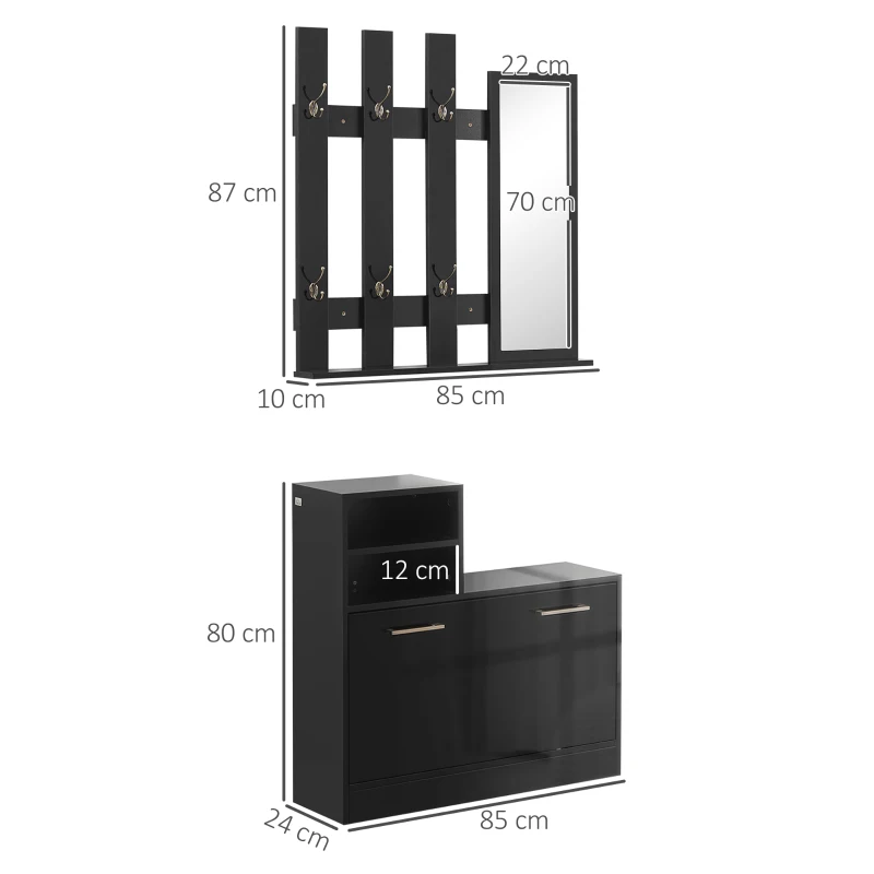 HOMCOM Set de 2, Organizator Lucios Intens pentru Holul de la Intrare cu Banca Dulap de Depozitare a Pantofilor, Cuier de Hol, Organizator de Perete Modern cu Oglinda, Cuier de Haine, Negru(m-3)