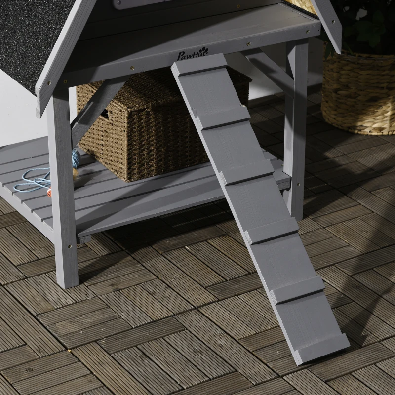 PawHut Katzenhaus mit 2 Ebenen, Katzenhöhle, 1 Rampe, wetterbeständig, Dunkelgrau + Schwarz