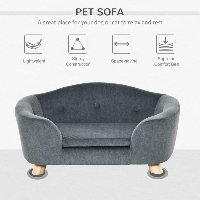 PawHut Dog Sofa Bed Pet Chair Couch with Water Resistant Fabric, Kitten Lounge with Soft Cushion, Wooden Frame for Mini Size Dogs - Grey