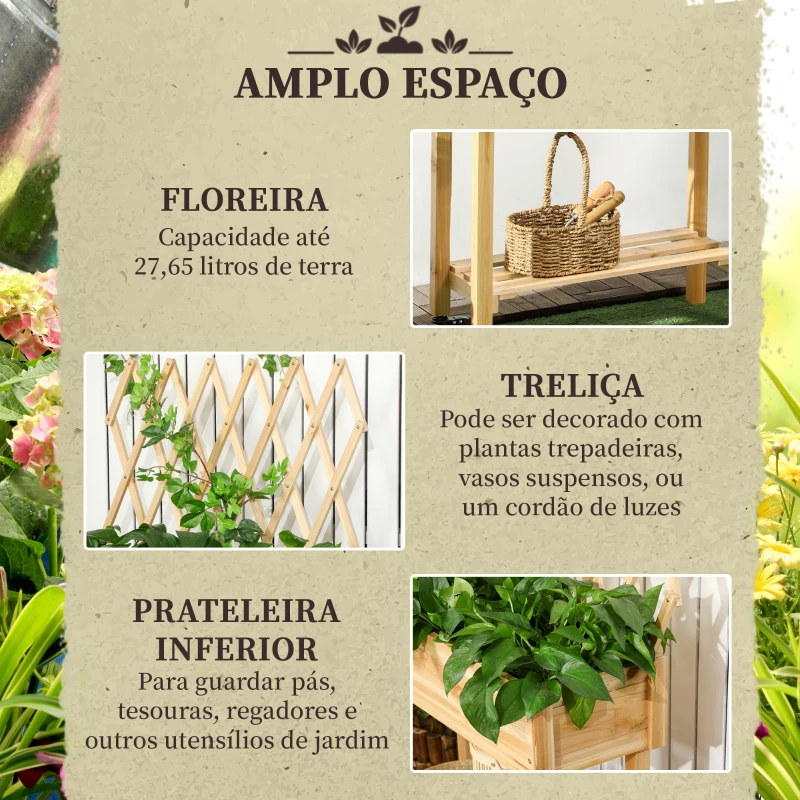 Outsunny Horta Vertical Elevada de Madeira com Rodas Mesa de Cultivo com Trepadeira T e Orifício de Drenagem 79x29x130 cm Madeira