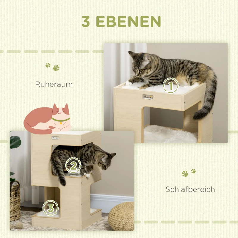 PawHut kattengrot, kattenhuis, 3-laags kattenkast met kussen, eikenhout