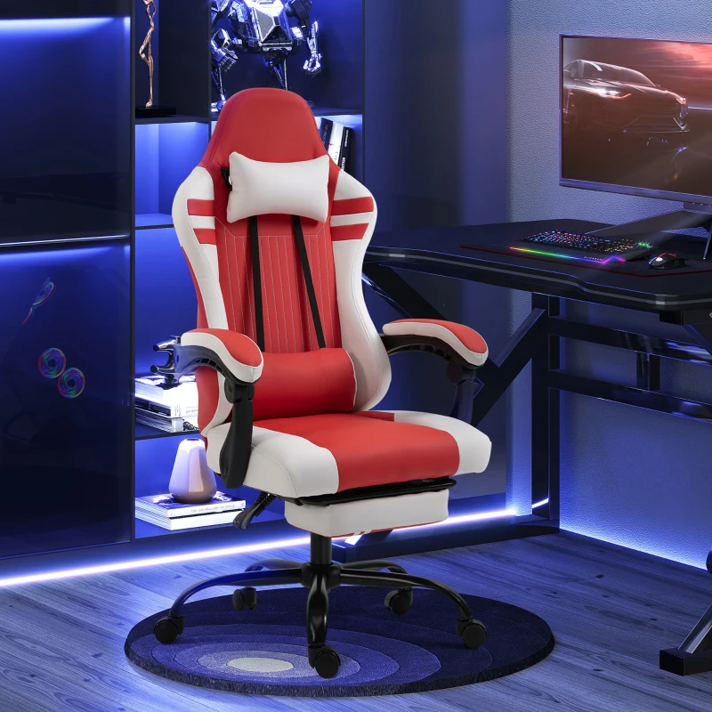 Vinsetto PU Leather Gaming Chair with Headrest, Footrest, Wheels, Adjustable Height, Racing Gamer Chair, Red White