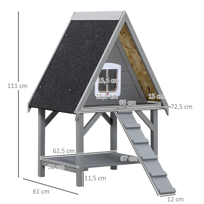 PawHut Katzenhaus mit 2 Ebenen, Katzenhöhle, 1 Rampe, wetterbeständig, Dunkelgrau + Schwarz