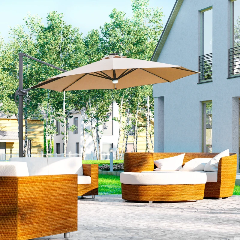 Outsunny 3(m) LED Cantilever Parasol Outdoor Sun Umbrella w/ Base Solar Lights Brown