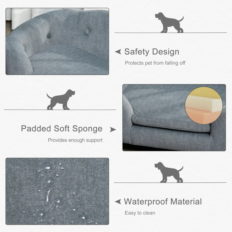 PawHut Dog Sofa Bed Pet Chair Couch with Water Resistant Fabric, Kitten Lounge with Soft Cushion, Wooden Frame for Mini Size Dogs - Grey