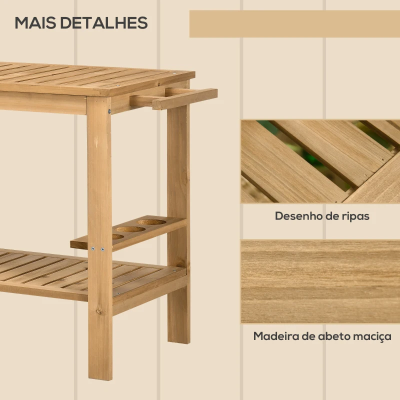 Outsunny Carrinho de Madeira Exterior com 2 Níveis Alça Lateral 3 Suportes para Garrafas e 2 Rodas 95x47x74 cm Madeira