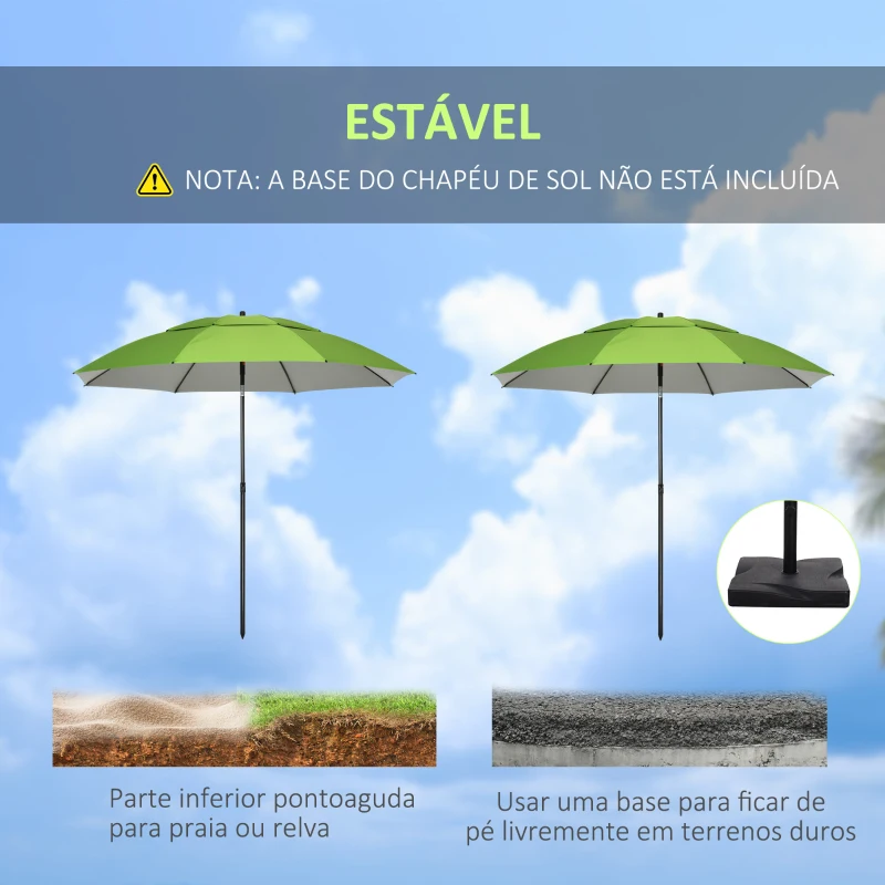 Outsunny Chapéu de Sol de Praia com Teto Duplo Ângulo Ajustável Proteção UV30+8 Varas de Aço e Bolsa de Transporte Ø185x205 cm Verde