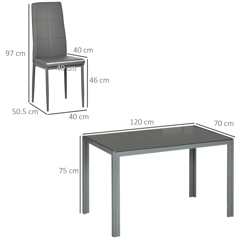 HOMCOM Set da Pranzo 5 Pezzi con 1 Tavolo da Pranzo e 4 Sedie Moderne in Similpelle, Metallo e Vetro Temperato, Grigio