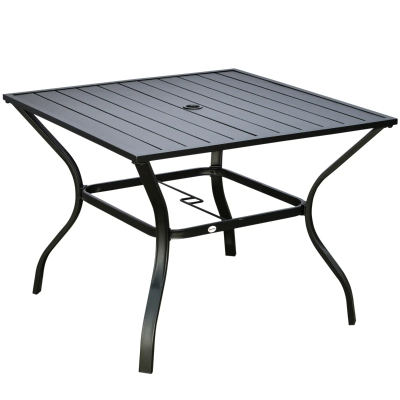 Outsunny 94 x 94 cm Garden Table with Parasol Hole, Outdoor Dining Garden Table for Four with Slatted Metal Plate Top, Black