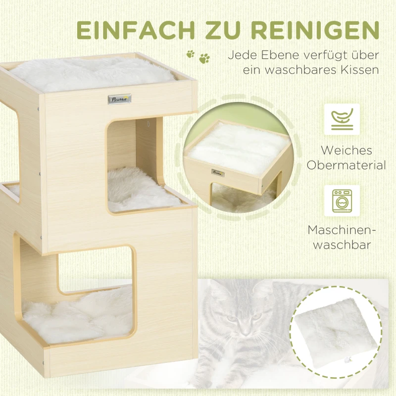 PawHut kattengrot, kattenhuis, 3-laags kattenkast met kussen, eikenhout