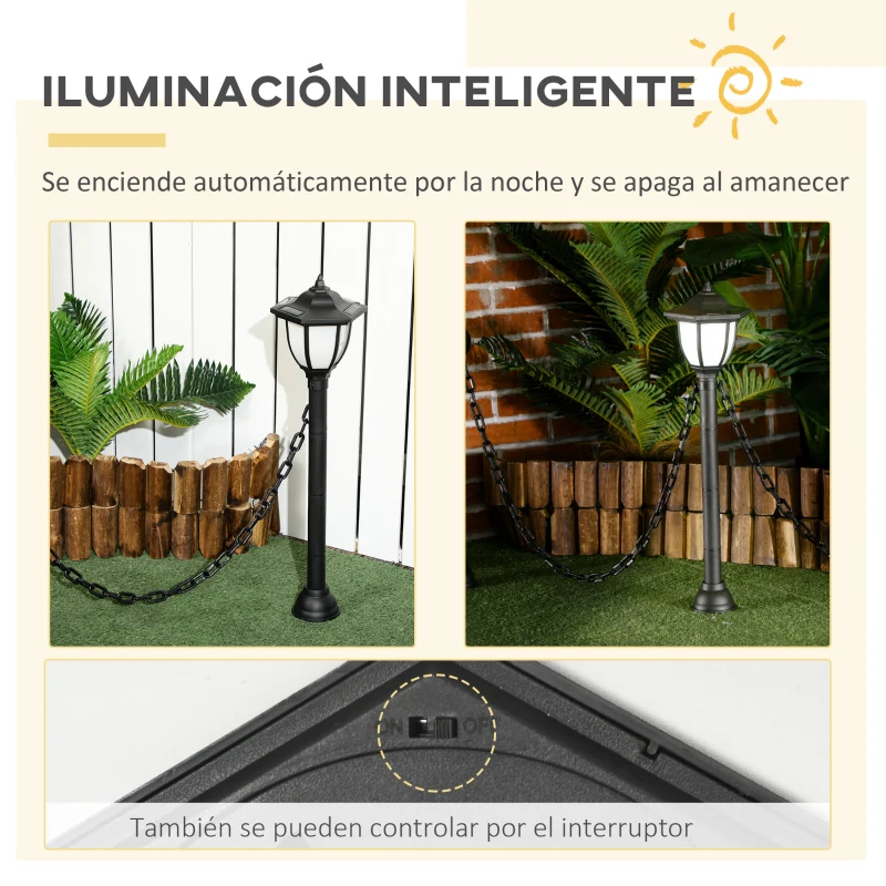 Outsunny Faroles Solares con Valla de Cadena Farolas LED Impermeable IP65 Sensor de Noche para Patio Camino 314x14x60 cm Negro