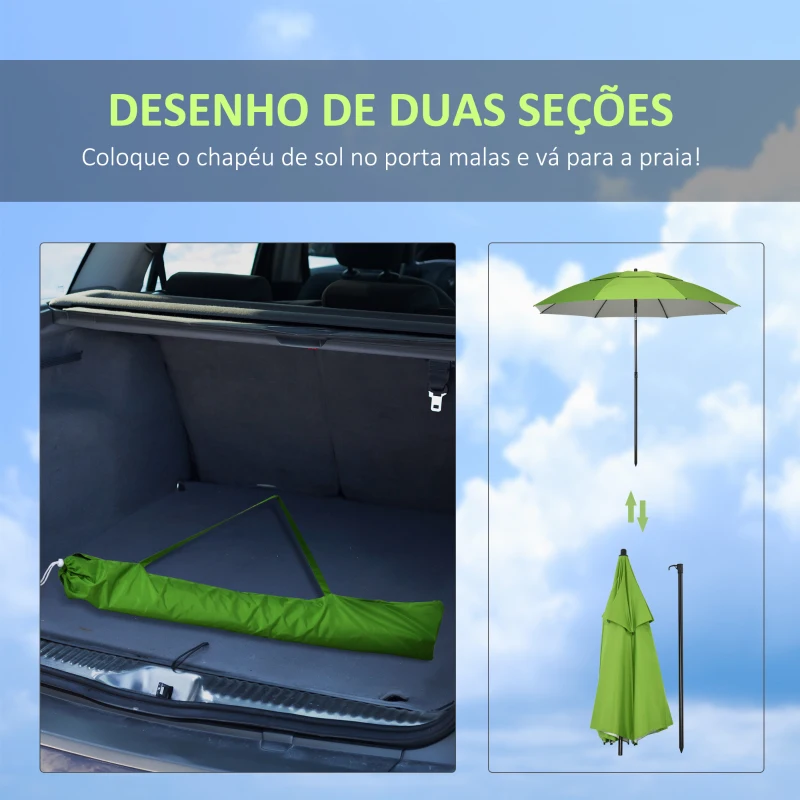 Outsunny Chapéu de Sol de Praia com Teto Duplo Ângulo Ajustável Proteção UV30+8 Varas de Aço e Bolsa de Transporte Ø185x205 cm Verde