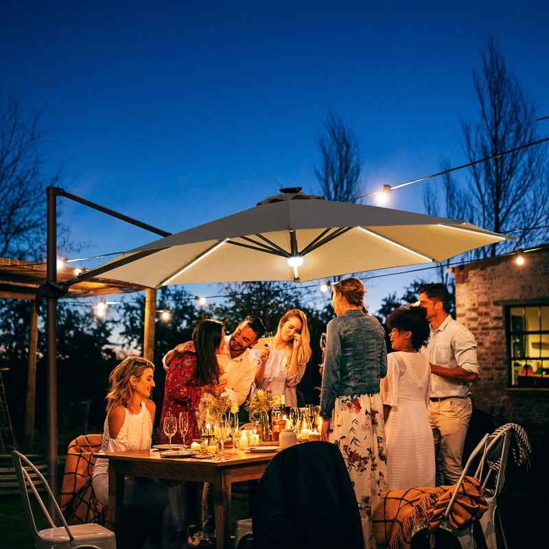 Outsunny 3(m) LED Cantilever Parasol Outdoor Sun Umbrella w/ Base Solar Lights Brown