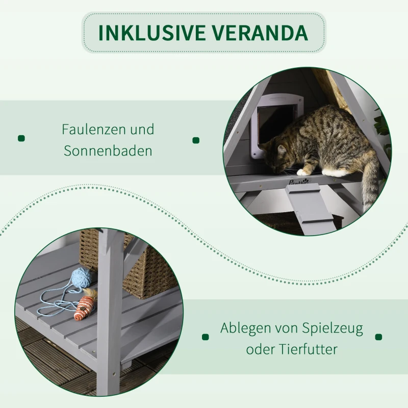 PawHut Katzenhaus mit 2 Ebenen, Katzenhöhle, 1 Rampe, wetterbeständig, Dunkelgrau + Schwarz