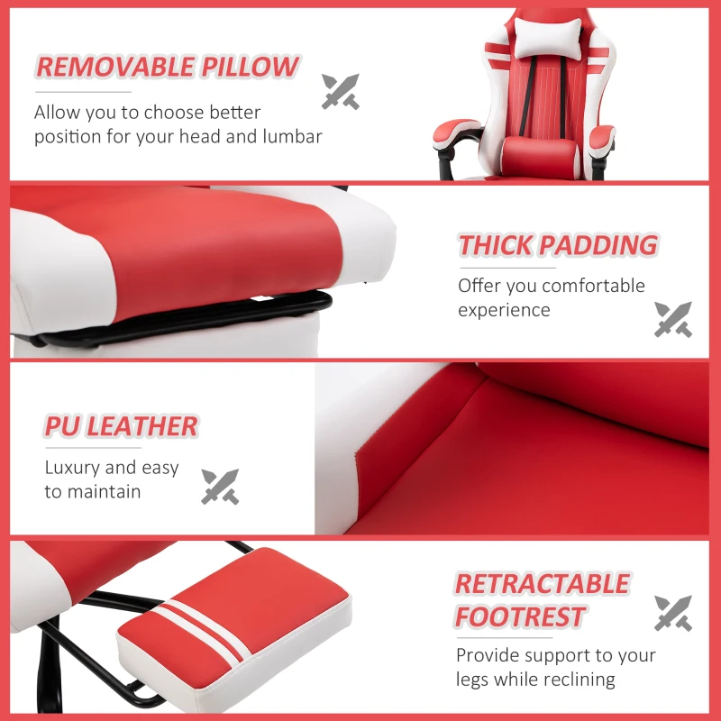 Vinsetto PU Leather Gaming Chair with Headrest, Footrest, Wheels, Adjustable Height, Racing Gamer Chair, Red White