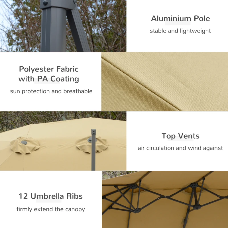 Outsunny 4.5 m Patio Parasol, Large Double-Sided Rectangular Garden Umbrella with Crank Handle, 360° Cross Base for Bench, Outdoor, Khaki