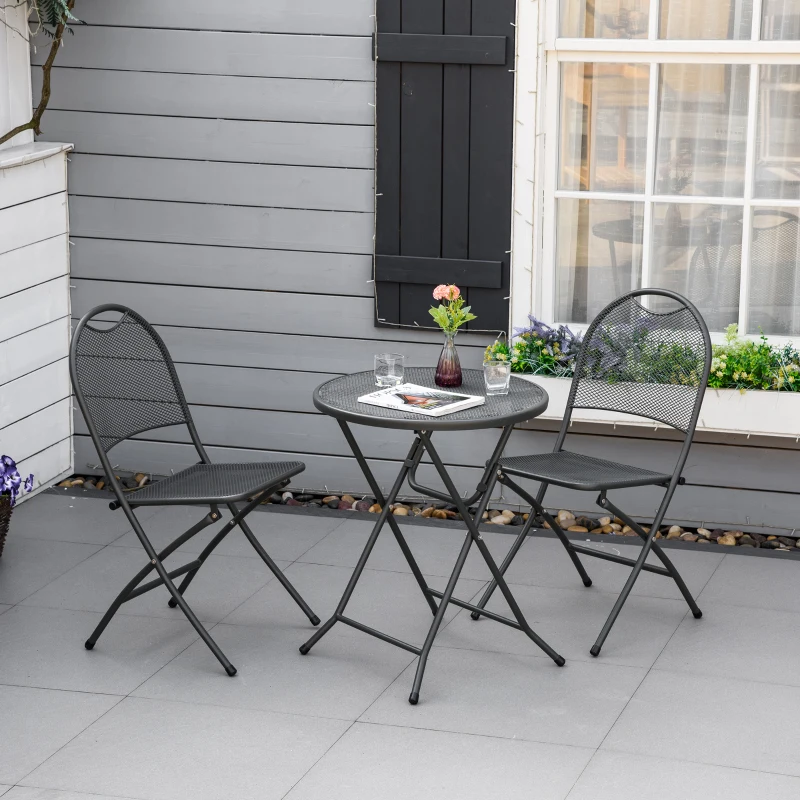 Outsunny 3 Piece Garden Bistro Set w/ Foldable Design Mesh Metal Outdoor Coffee Table Set Two Chairs Dark Grey