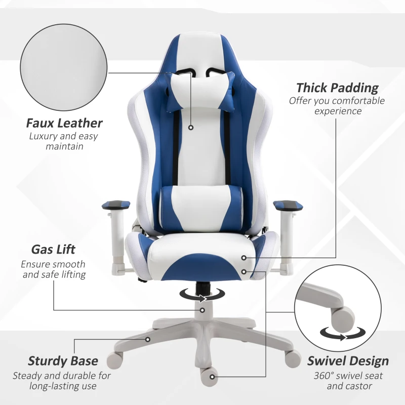 Vinsetto RGB LED Light Gaming Chair, PU Leather Thick Padding High Back Office Chair with Removable Pillows Adjustable Height 5 Wheels 360° Swivel, White Blue