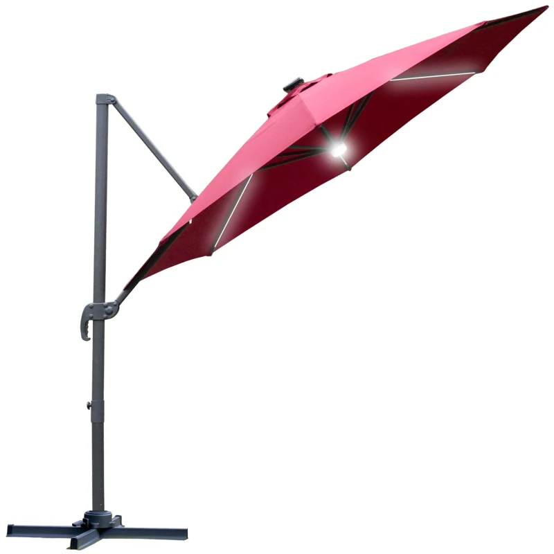 Outsunny 3(m) LED Cantilever Parasol Outdoor Sun Umbrella w/ Base Solar Lights Red