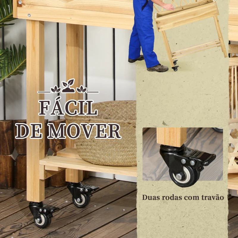 Outsunny Horta Vertical Elevada de Madeira com Rodas Mesa de Cultivo com Trepadeira T e Orifício de Drenagem 79x29x130 cm Madeira