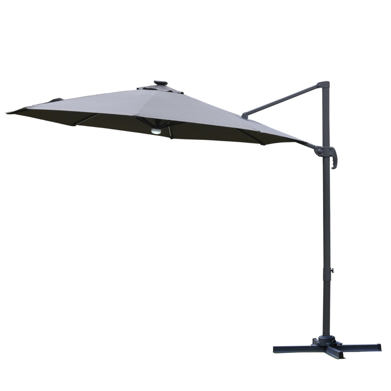 Outsunny 3(m) LED Cantilever Parasol Outdoor Sun Umbrella w/ Base Solar Lights Grey