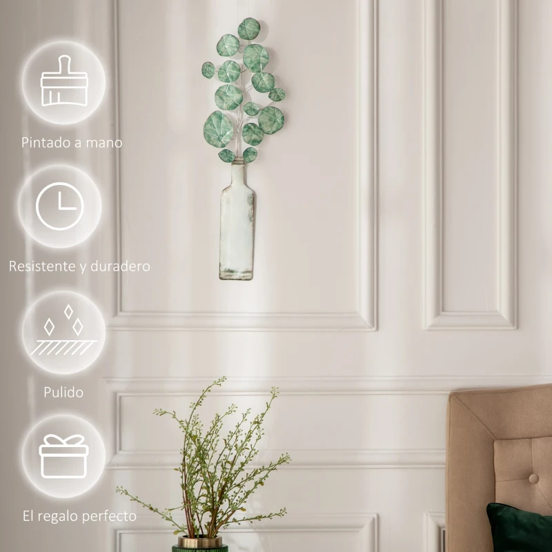 HOMCOM Decoración de Pared de Metal 3D con Planta con Jarrón Adorno de Pared Metálico para Salón 18x56 cm Verde y Plata