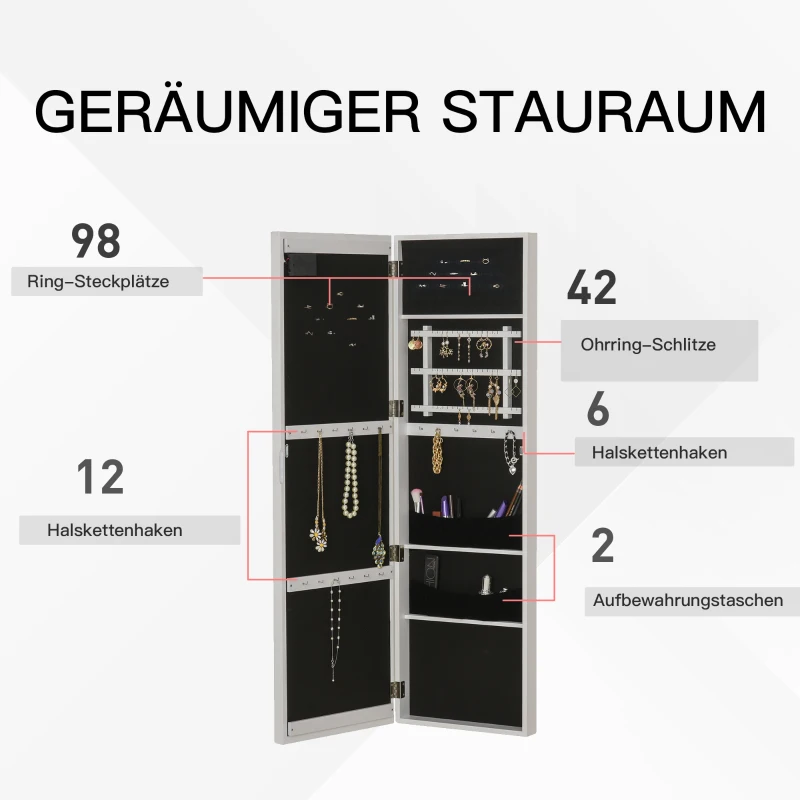 HOMCOM LED Schmuckschrank Aufhängbarer 2 in 1 Schmuckregal Spiegelschrank Türmontage MDF Weiß 36,6 x 8 x 120 cm
