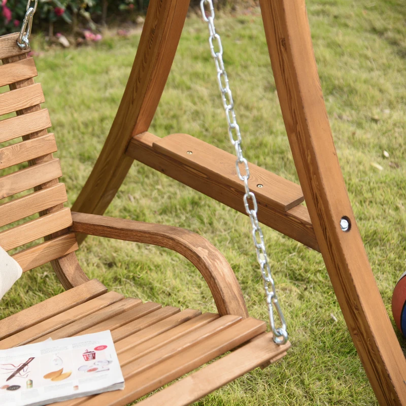 Outsunny 2 Seat Wooden Swing Chair Wood Swing Bench Chair With Canopy and Cup Holder for Patio Garden
