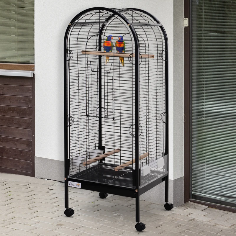 PawHut Gaiola para Pássaros com 3 Poleiros de Madeira Amovíveis Bandeja Comedouros e Rodas com Travão 54x54x151 cm Preto