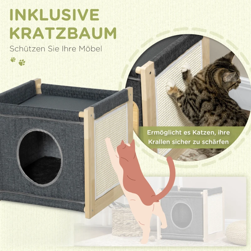 PawHut Katzenhöhle mit 2 Ebenen, 1 Kissen, 1 Kratzfläche, 40 cm x 40 cm x 40,5 cm, Dunkelgrau + Natur