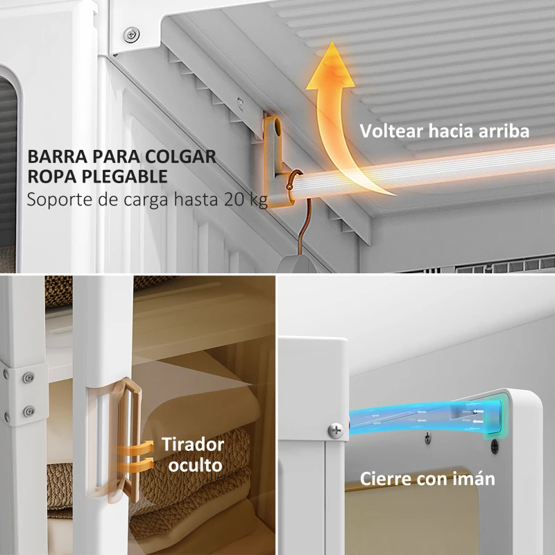 HOMCOM Armario Ropero Plegable Armario de Ropa Portátil con 5 Estantes y 1 Barra para Colgar 69x50x136 cm Blanco