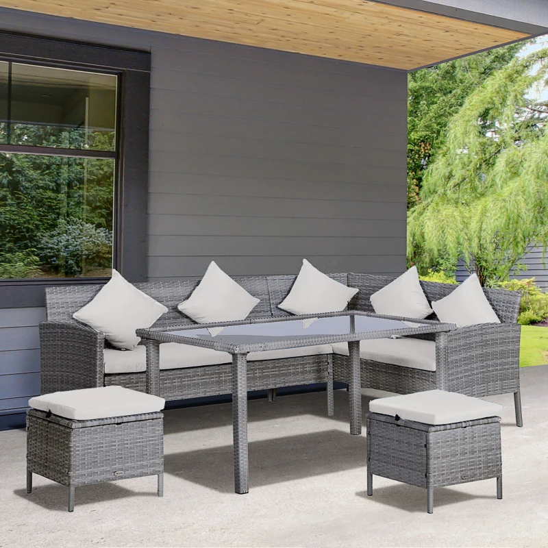 Outsunny 5 Piece Modern Outdoor Patio Rattan Wicker Furniture Patio Dining Table Stool Chaise Lounge Set