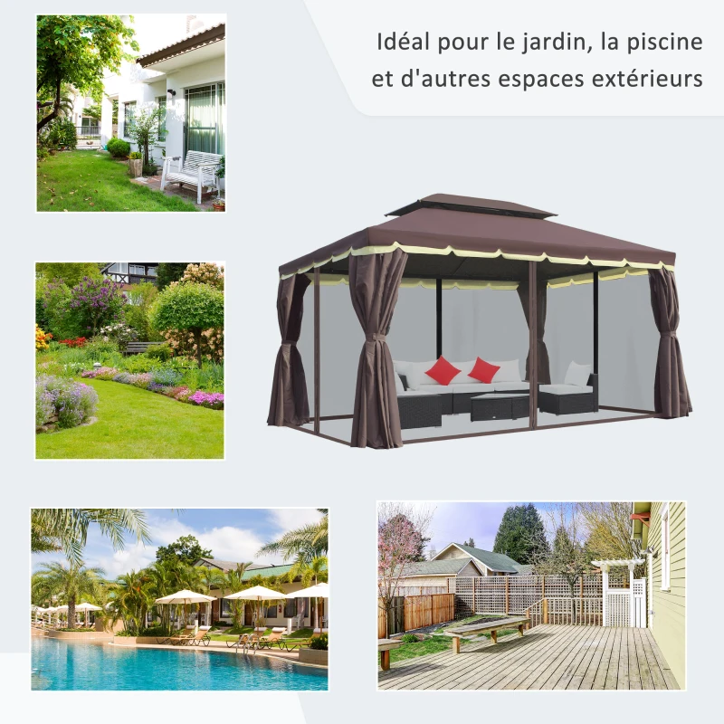 Outsunny Tonnelle de jardin extérieur 4 x 3 m barnum double toit tente de réception avec parois et moustiquaires marron(m-7)