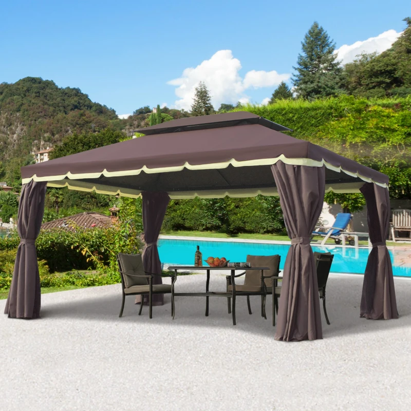 Outsunny Tonnelle de jardin extérieur 4 x 3 m barnum double toit tente de réception avec parois et moustiquaires marron(m-2)
