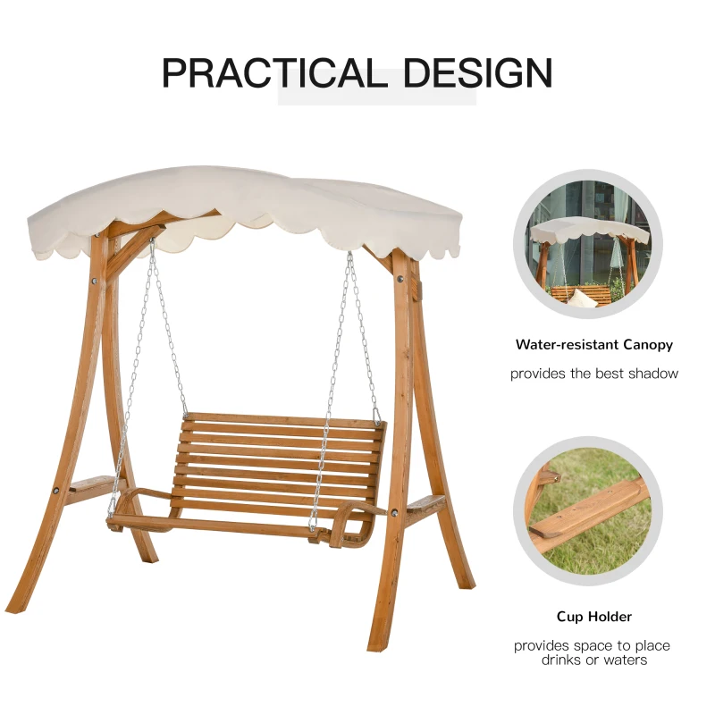 Outsunny 2 Seat Wooden Swing Chair Wood Swing Bench Chair With Canopy and Cup Holder for Patio Garden