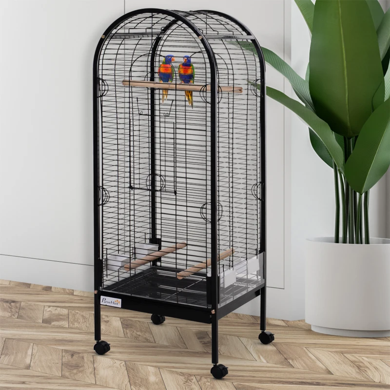 PawHut Gaiola para Pássaros com 3 Poleiros de Madeira Amovíveis Bandeja Comedouros e Rodas com Travão 54x54x151 cm Preto