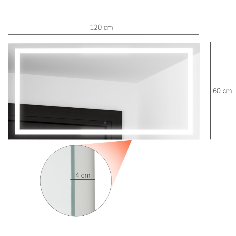 kleankin Espejo de Baño con Luz LED 120x60 cm Espejo de Pared con Interruptor Táctil y Antivaho Suspensión Vertical u Horizontal Aluminio Plata