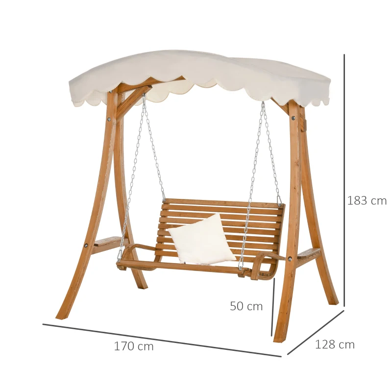 Outsunny 2 Seat Wooden Swing Chair Wood Swing Bench Chair With Canopy and Cup Holder for Patio Garden