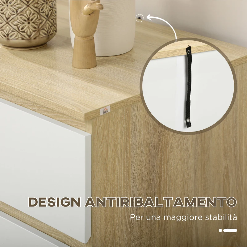 HOMCOM Cassettiera 6 Cassetti Moderna in Legno, 135x48x77cm, Bianco e Colore Legno