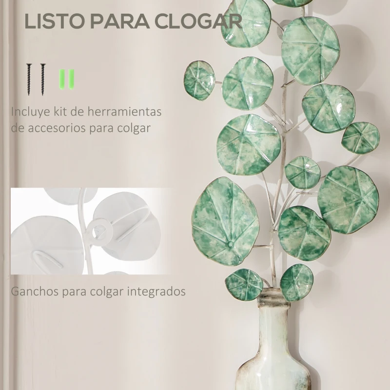 HOMCOM Decoración de Pared de Metal 3D con Planta con Jarrón Adorno de Pared Metálico para Salón 18x56 cm Verde y Plata