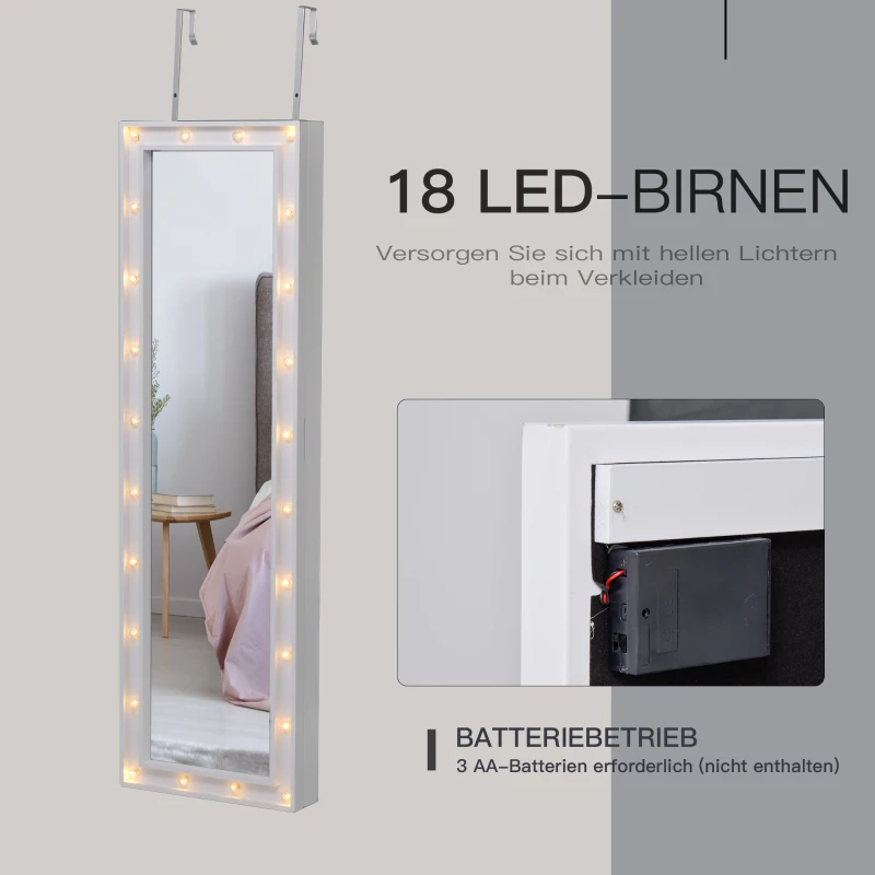 HOMCOM LED Schmuckschrank Aufhängbarer 2 in 1 Schmuckregal Spiegelschrank Türmontage MDF Weiß 36,6 x 8 x 120 cm