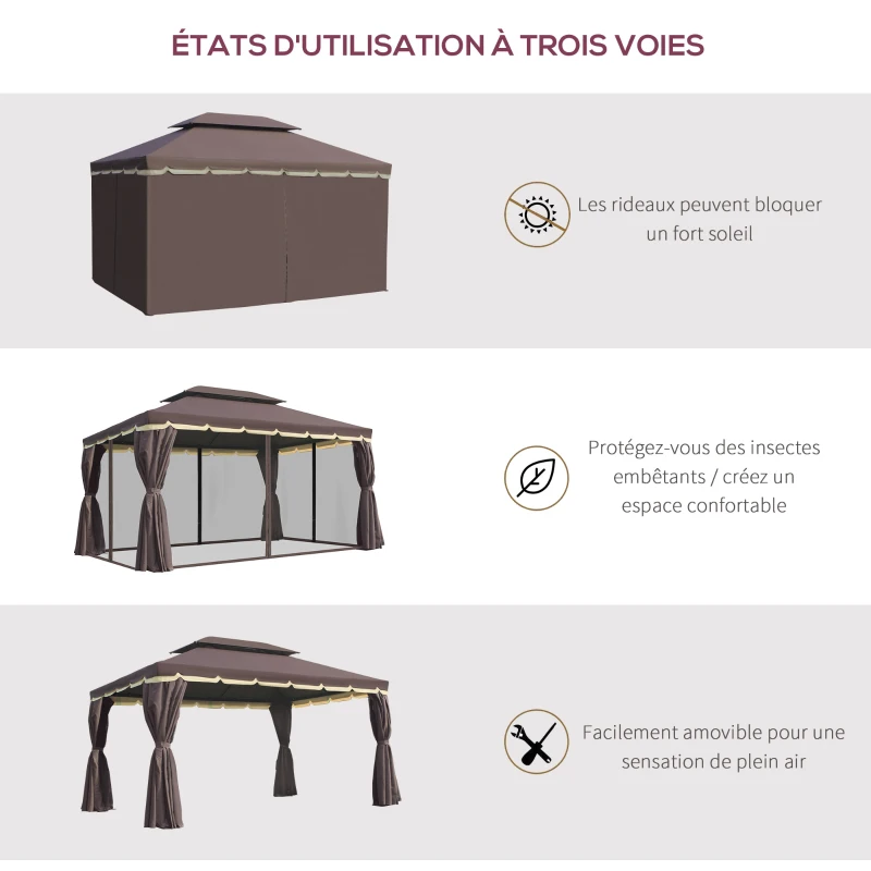 Outsunny Tonnelle de jardin extérieur 4 x 3 m barnum double toit tente de réception avec parois et moustiquaires marron(m-4)