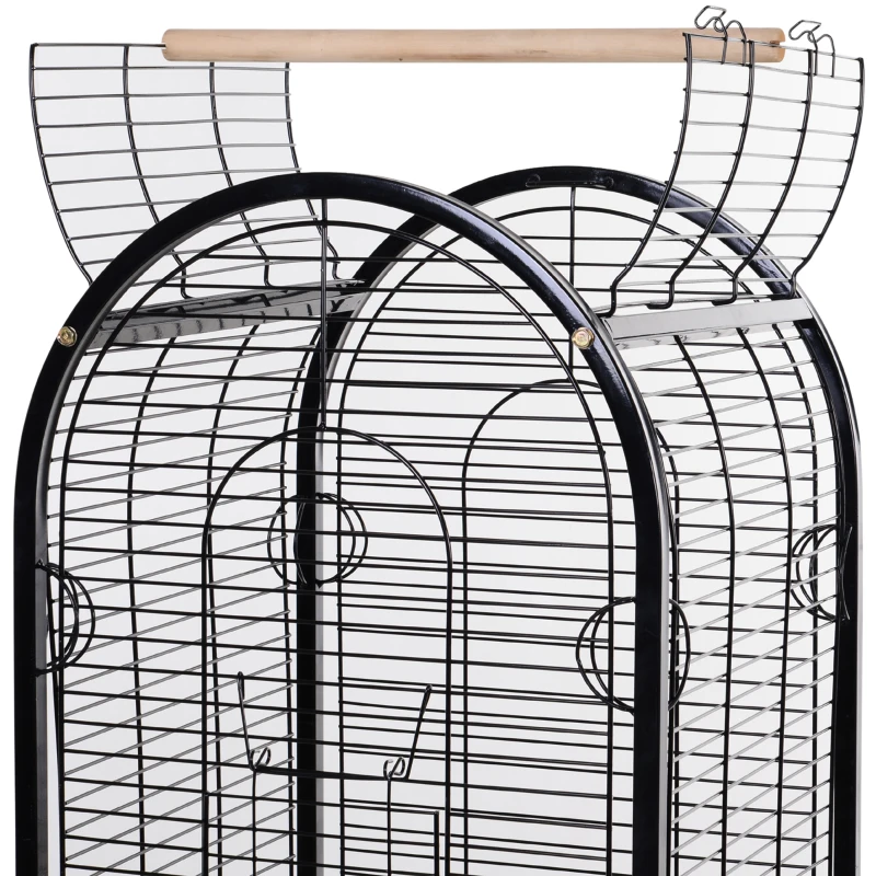 PawHut Gaiola para Pássaros com 3 Poleiros de Madeira Amovíveis Bandeja Comedouros e Rodas com Travão 54x54x151 cm Preto